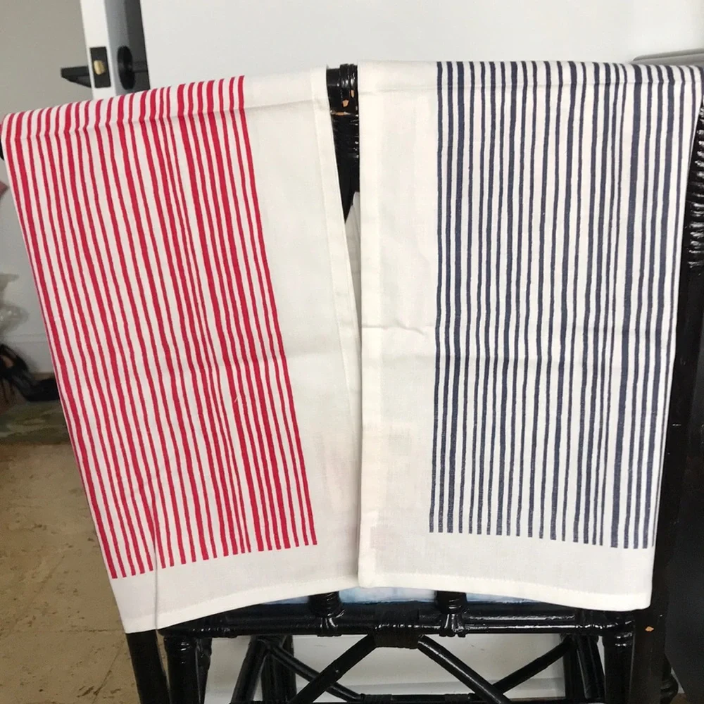 West Elm White Red Blue Linen Cotton Kitchen Towels NWT Set of Two